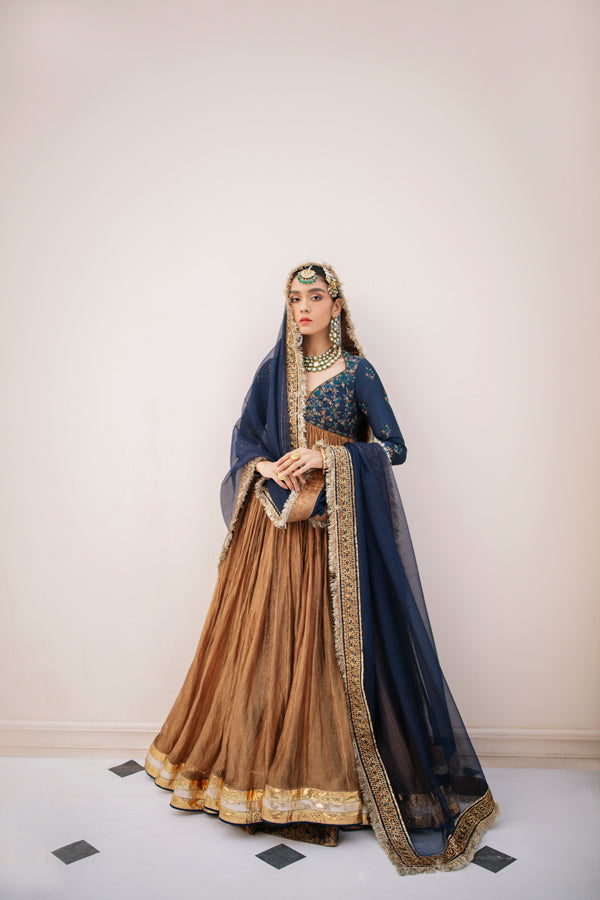 Antique Gold Embroidered Jamavar Pishwas Dress (3-Piece) - Image 2