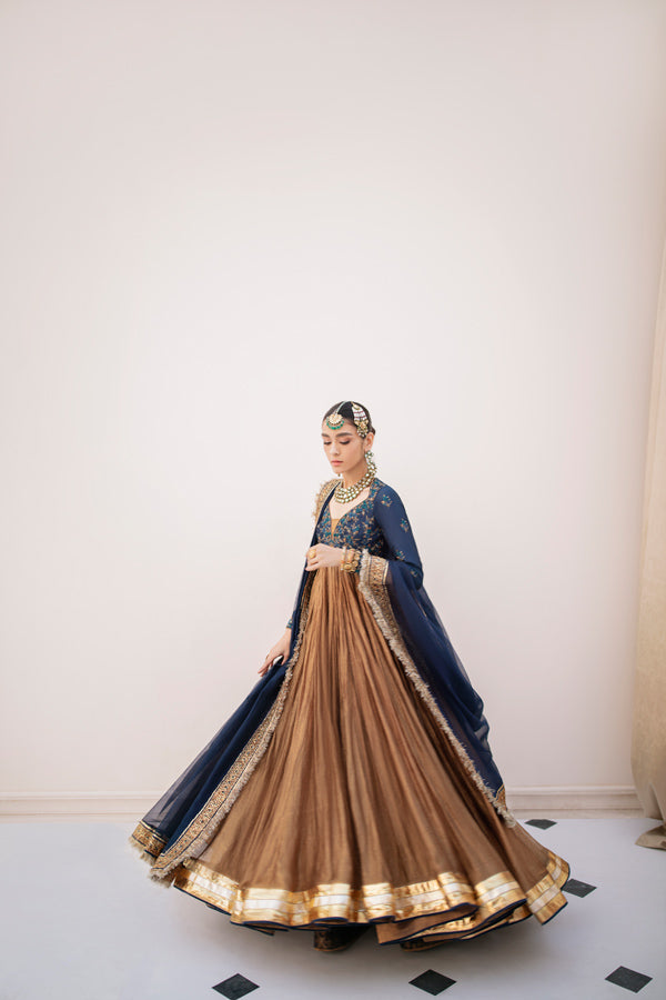 Antique Gold Embroidered Jamavar Pishwas Dress (3-Piece) - Image 4