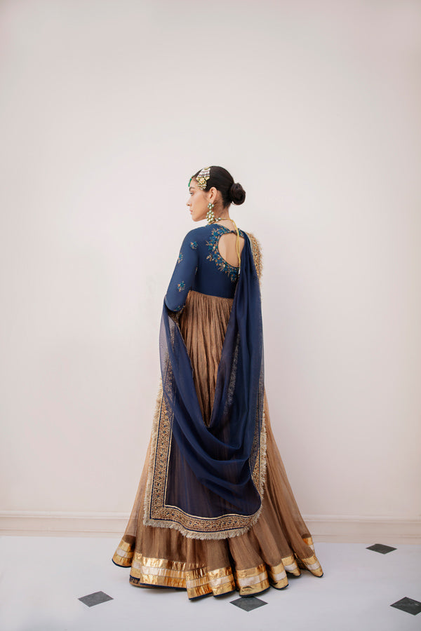 Antique Gold Embroidered Jamavar Pishwas Dress (3-Piece) - Image 5