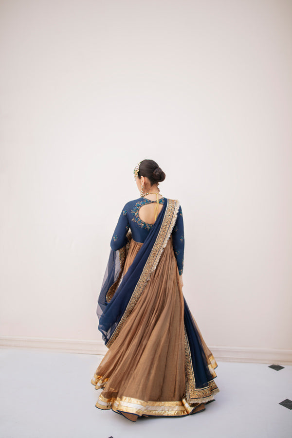 Antique Gold Embroidered Jamavar Pishwas Dress (3-Piece) - Image 6