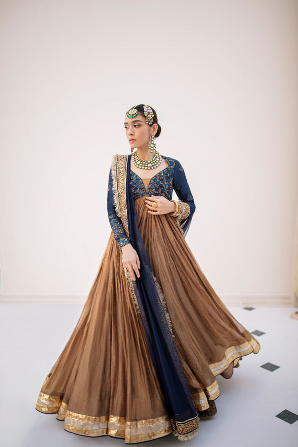 Antique Gold Embroidered Jamavar Pishwas Dress (3-Piece) - Image 7