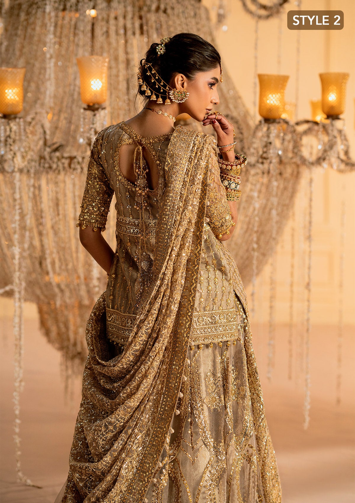 Gold Zardozi Net Jamawaar Pishwas Dress (2-Piece) - Image 11