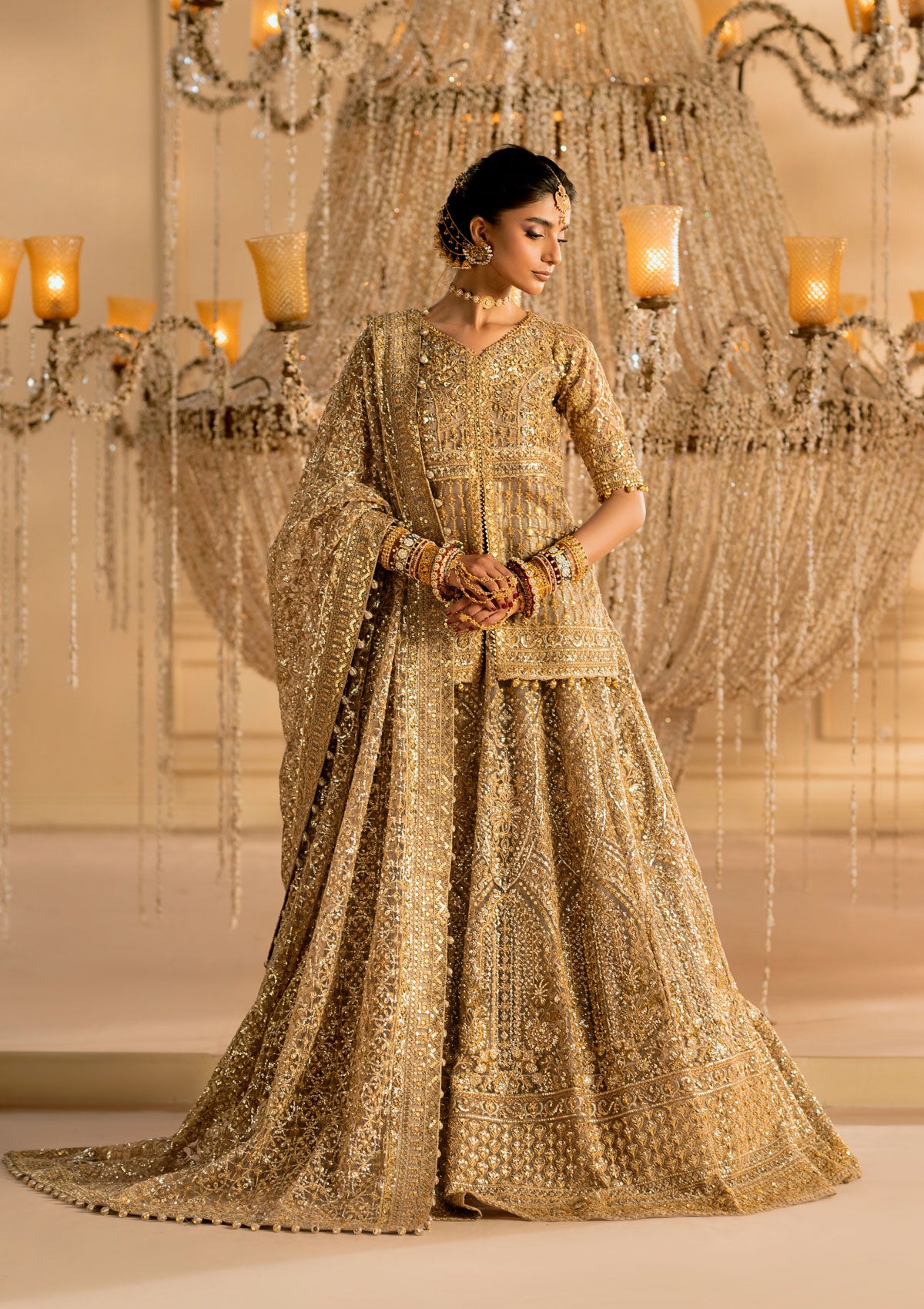 Gold Zardozi Net Jamawaar Pishwas Dress (2-Piece) - Image 2