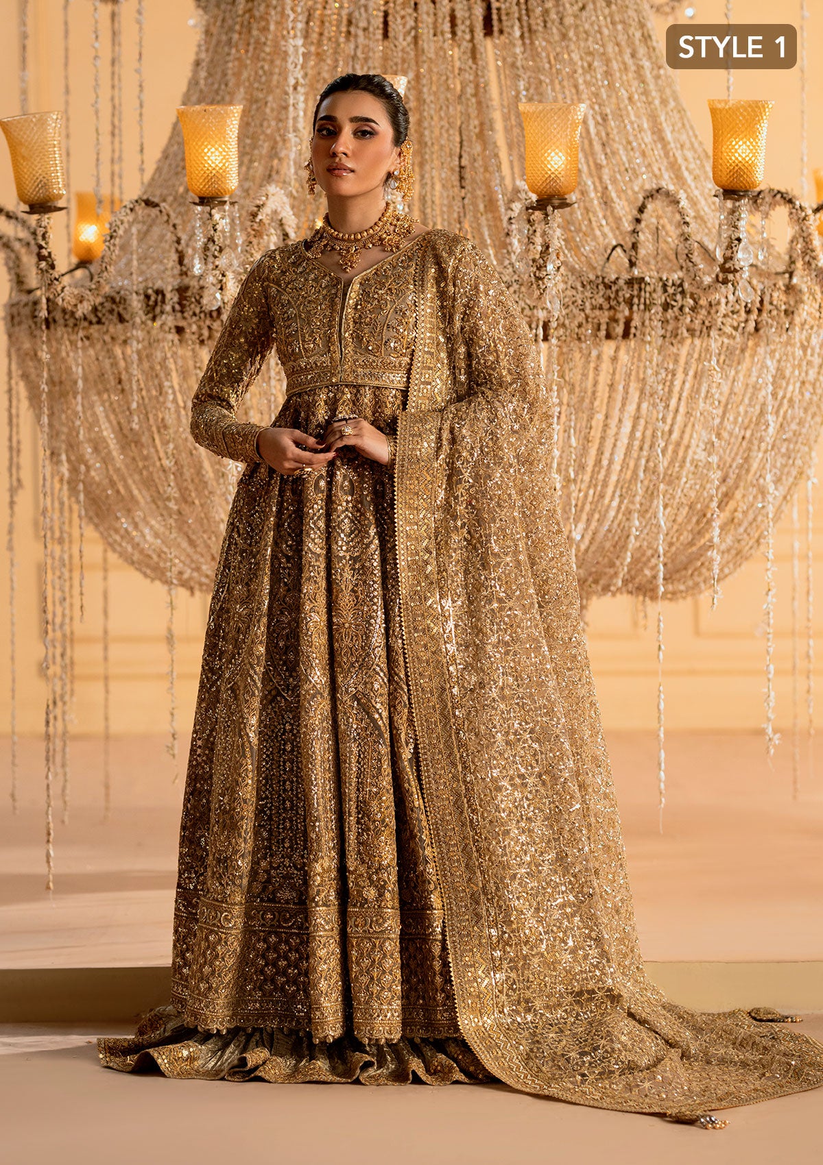 Gold Zardozi Net Jamawaar Pishwas Dress (2-Piece) - Image 3