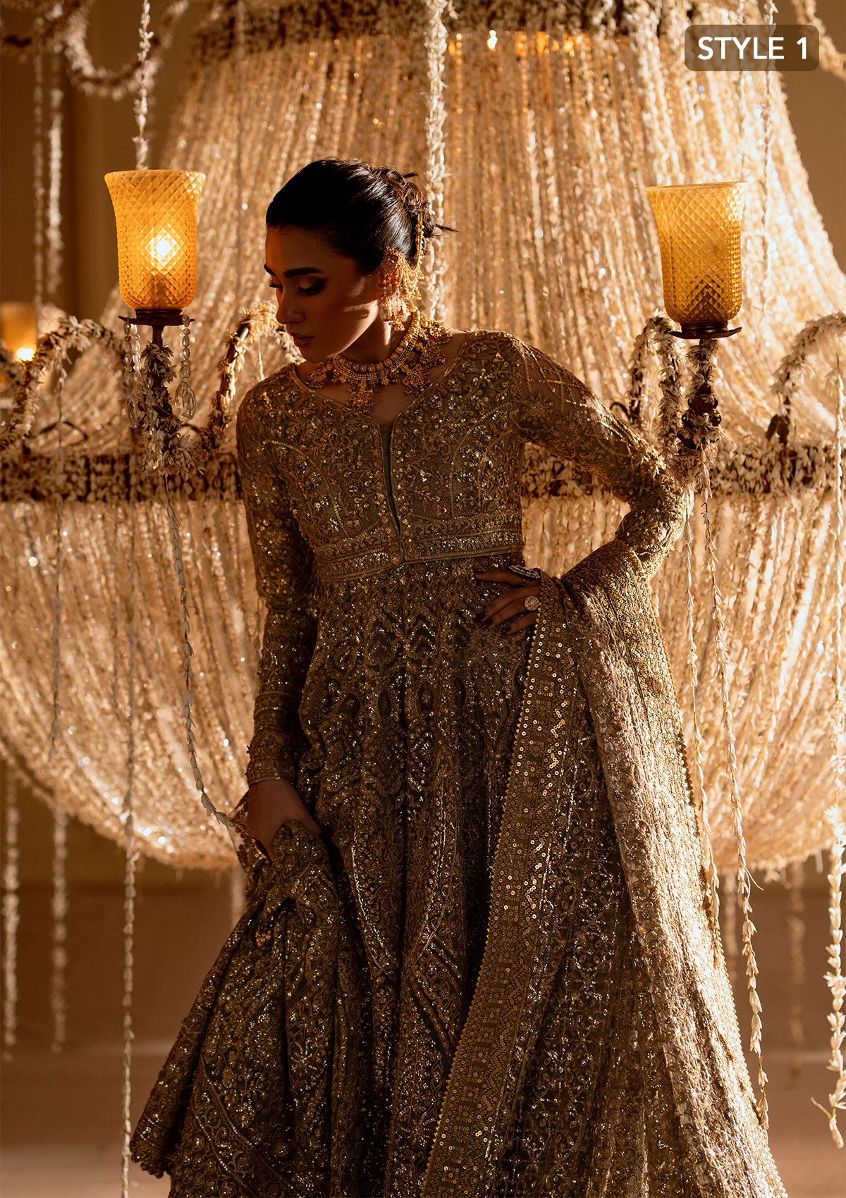 Gold Zardozi Net Jamawaar Pishwas Dress (2-Piece) - Image 4