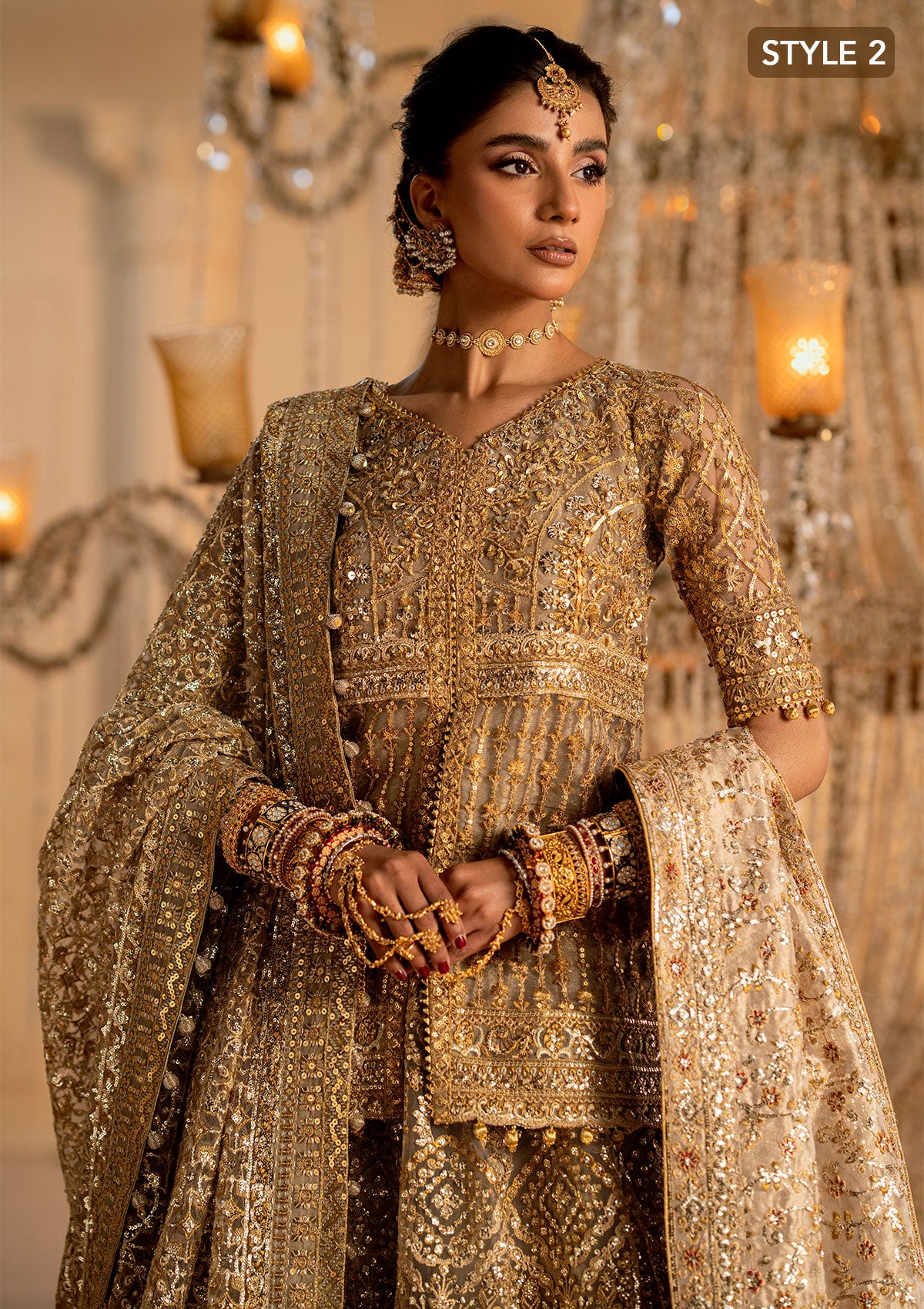 Gold Zardozi Net Jamawaar Pishwas Dress (2-Piece) - Image 9