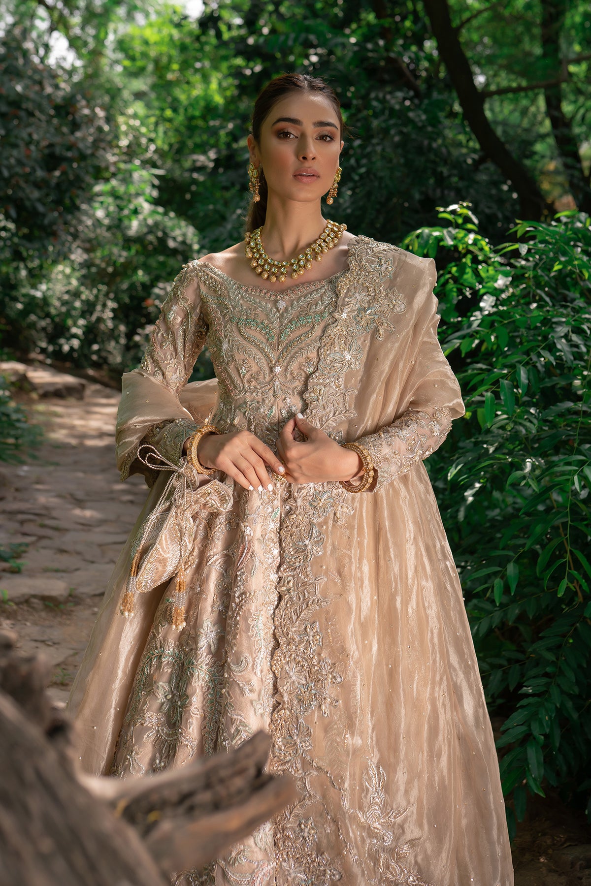 Indian Champagne Zardozi Handworked Pishwas Dress (3-Piece) - Image 3