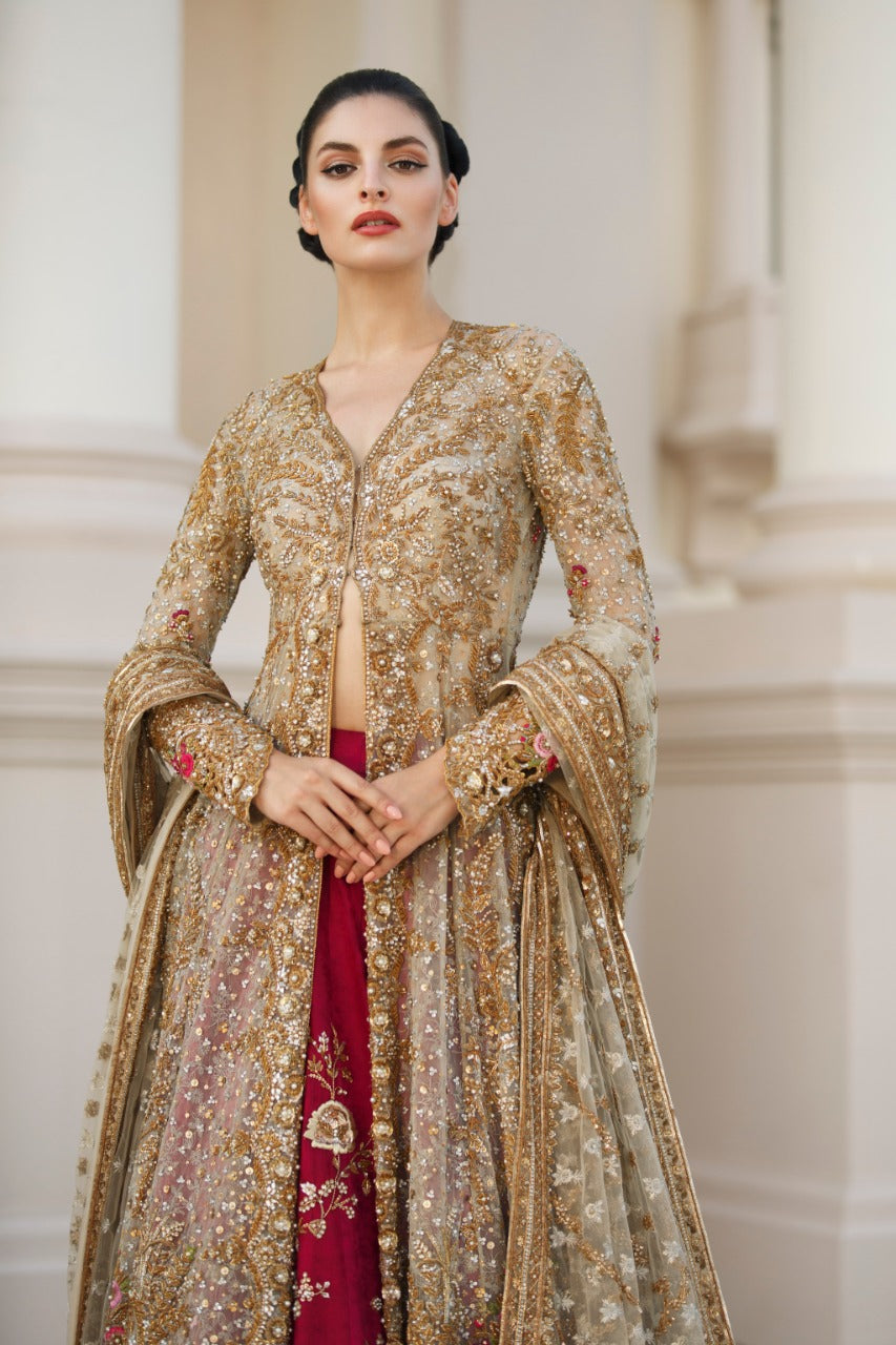 Gold Zardozi Net Pishwas Dress (3-Piece) - Image 2