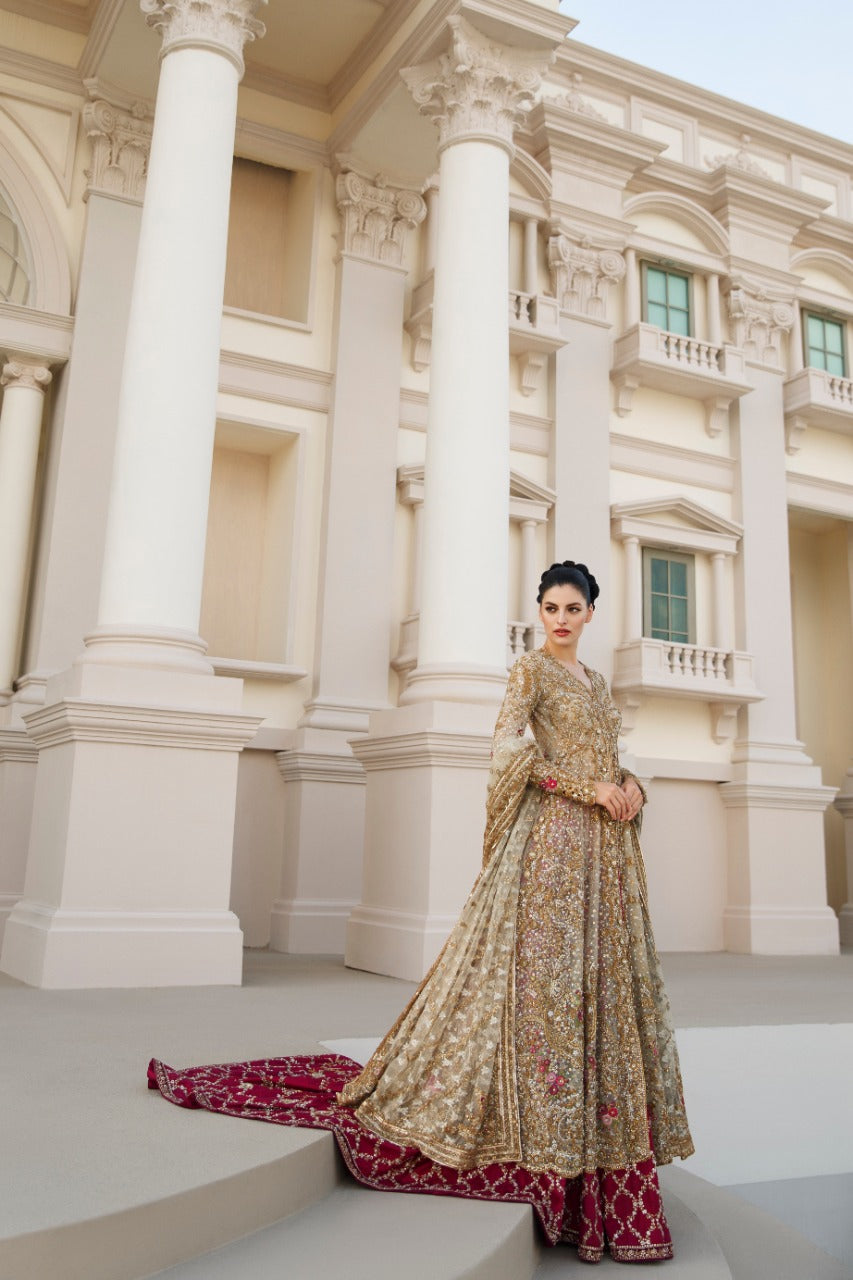 Gold Zardozi Net Pishwas Dress (3-Piece) - Image 3