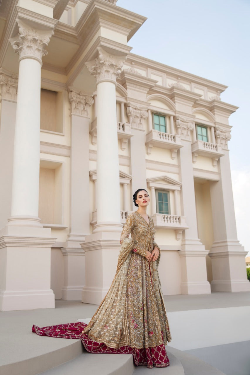 Gold Zardozi Net Pishwas Dress (3-Piece) - Image 4