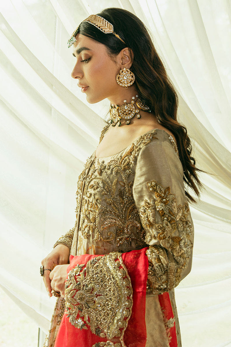 Pakistani Gold Embroidered Kamkhab Pishwas Dress (3-Piece) - Image 11