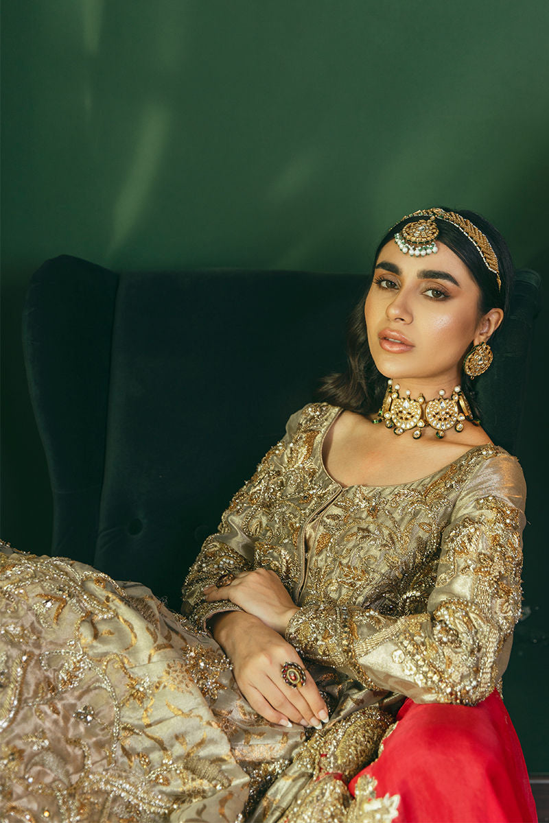 Pakistani Gold Embroidered Kamkhab Pishwas Dress (3-Piece) - Image 13