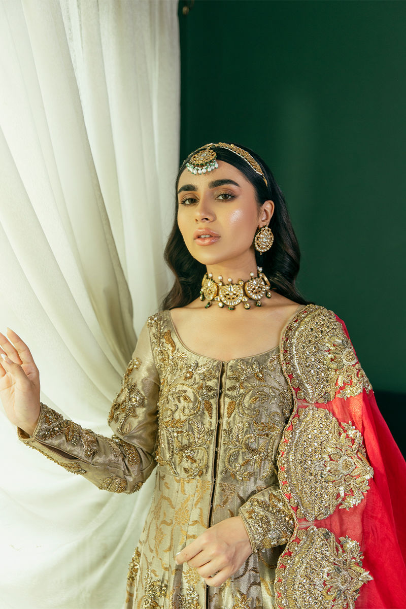 Pakistani Gold Embroidered Kamkhab Pishwas Dress (3-Piece) - Image 14