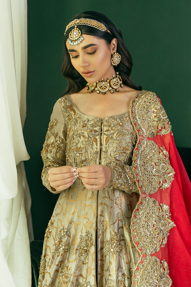 Pakistani Gold Embroidered Kamkhab Pishwas Dress (3-Piece) - Image 15
