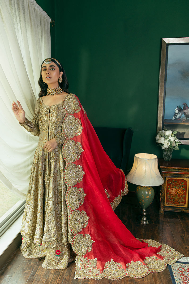 Pakistani Gold Embroidered Kamkhab Pishwas Dress (3-Piece) - Image 2