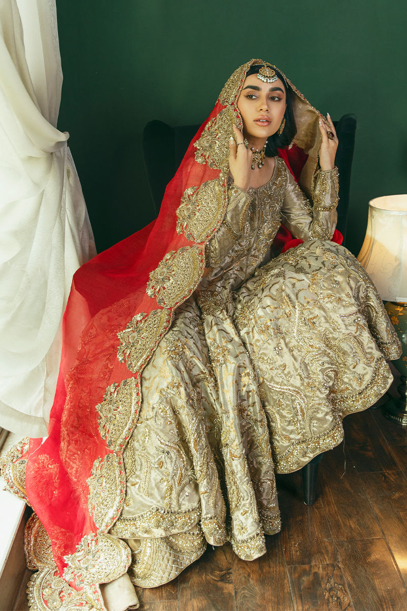 Pakistani Gold Embroidered Kamkhab Pishwas Dress (3-Piece) - Image 4