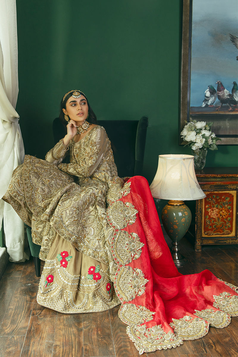 Pakistani Gold Embroidered Kamkhab Pishwas Dress (3-Piece) - Image 5