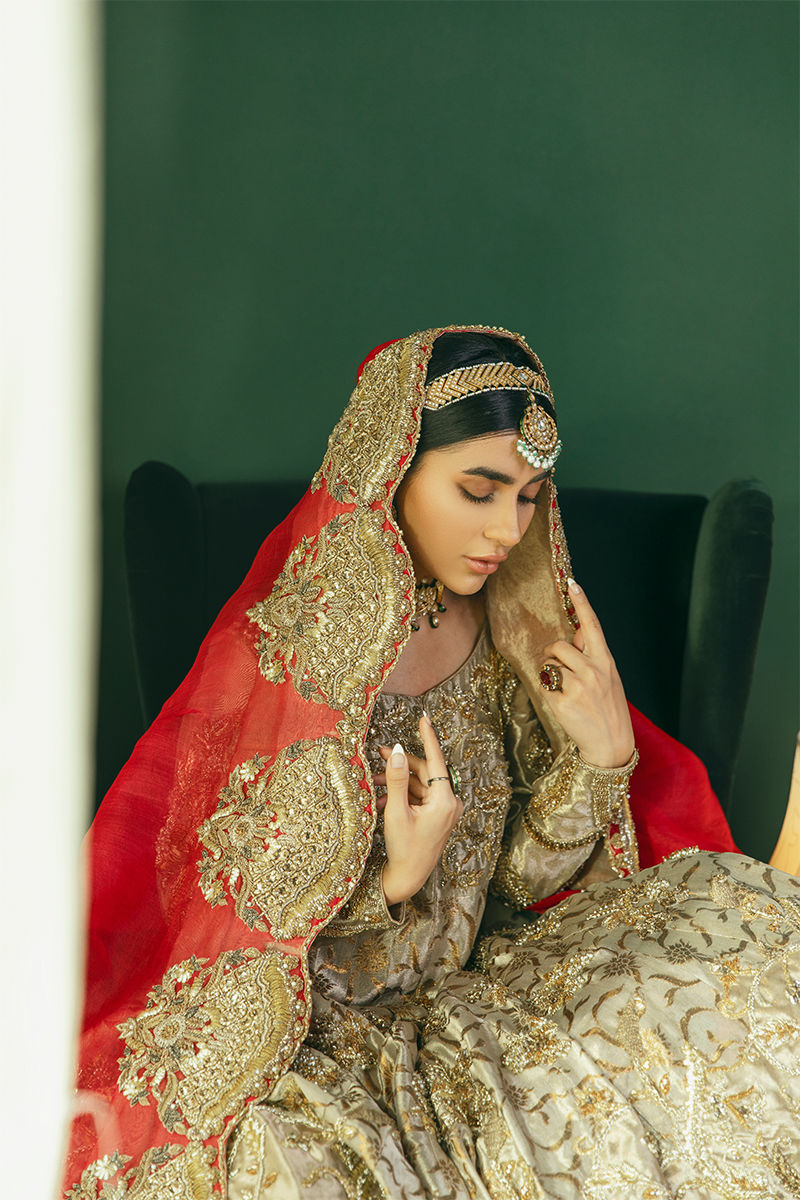 Pakistani Gold Embroidered Kamkhab Pishwas Dress (3-Piece) - Image 6