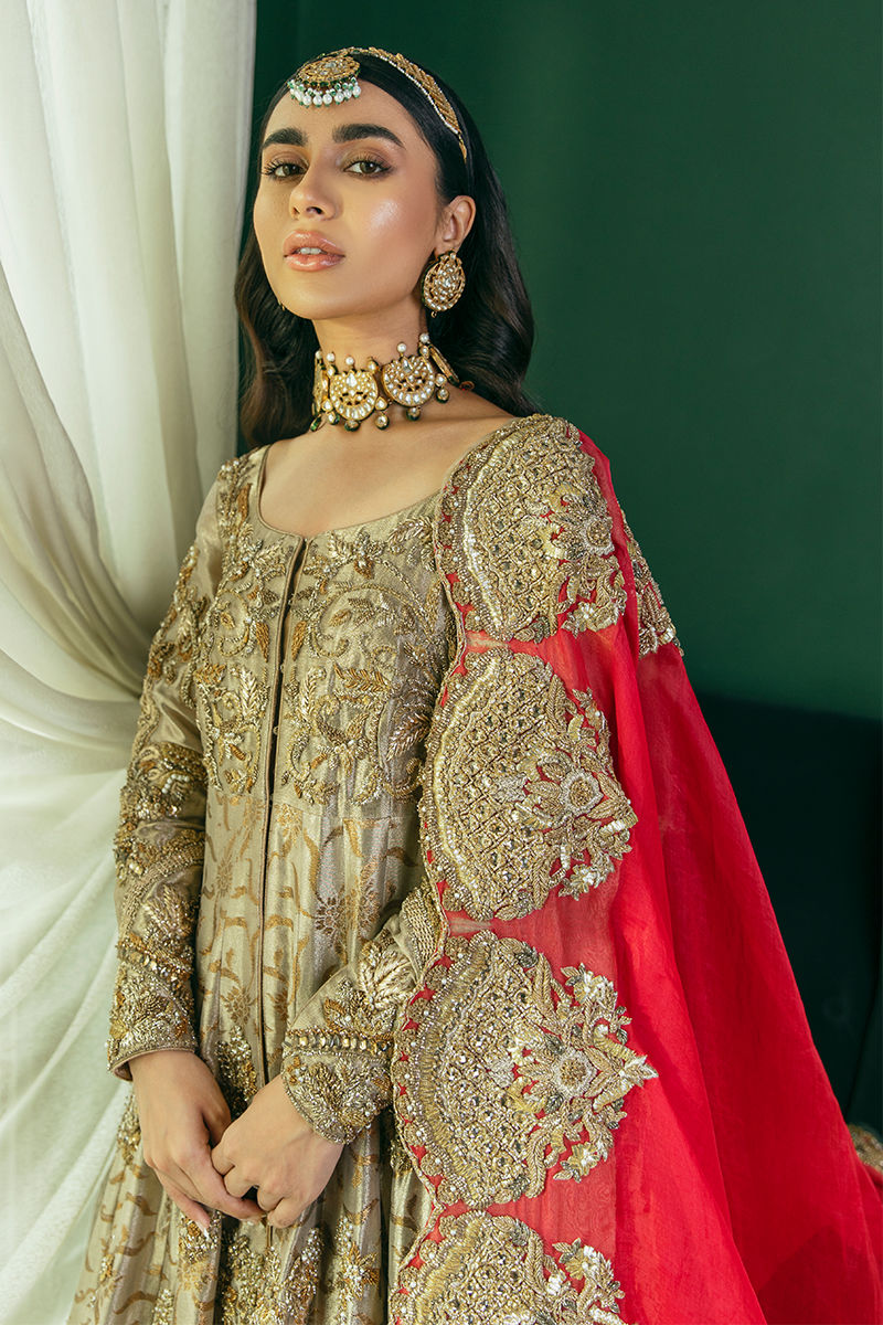 Pakistani Gold Embroidered Kamkhab Pishwas Dress (3-Piece) - Image 7