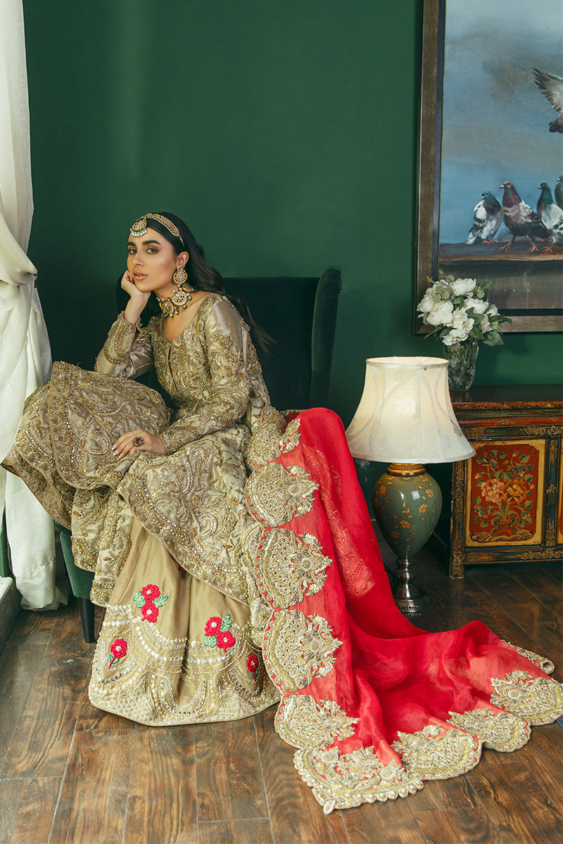 Pakistani Gold Embroidered Kamkhab Pishwas Dress (3-Piece) - Image 8