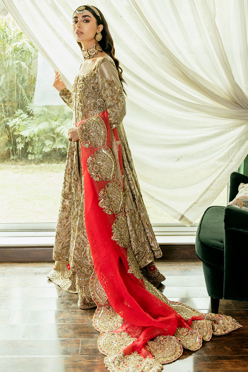 Pakistani Gold Embroidered Kamkhab Pishwas Dress (3-Piece) - Image 9