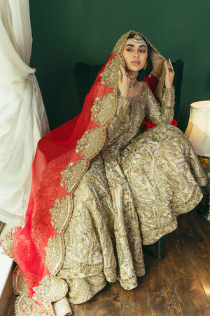 Gold Dabka Maroori Kamkhab Pishwas Dress (2-Piece) - Image 5