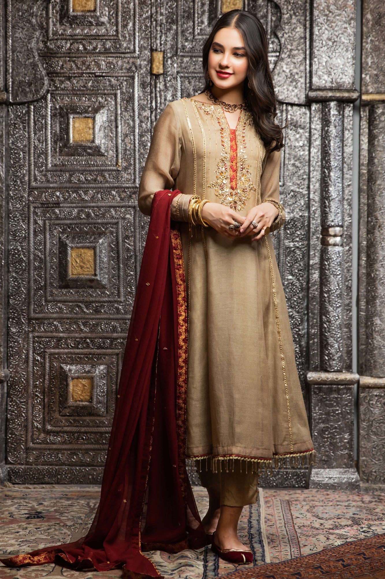 Pakistani Gold Embroidered Khaadi Net Pishwas (3-Piece) - Image 2