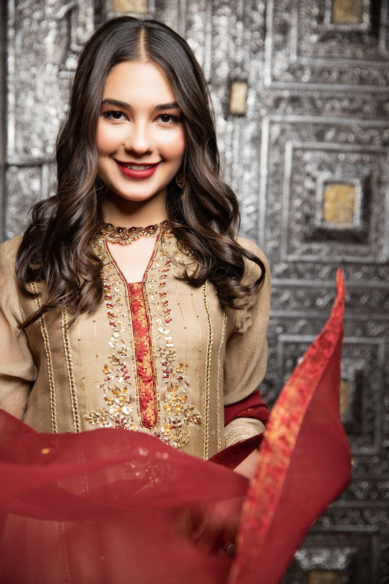 Pakistani Gold Embroidered Khaadi Net Pishwas (3-Piece) - Image 5