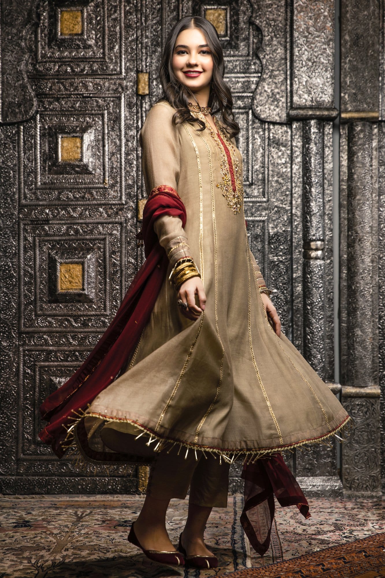 Gold Embroidered Khaadi Net Pishwas (3-Piece) - Image 3