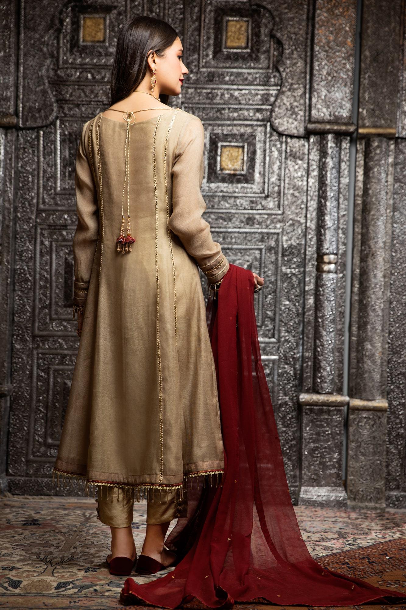 Gold Embroidered Khaadi Net Pishwas (3-Piece) - Image 4