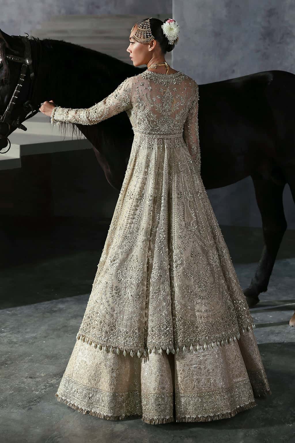 Pakistani Golden Hand-Embellished Khaddi Net Bridal Peshwas (3-Piece) - Image 2