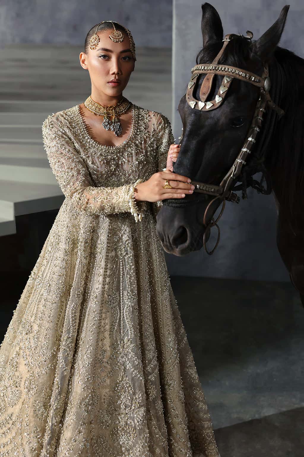 Pakistani Golden Hand-Embellished Khaddi Net Bridal Peshwas (3-Piece) - Image 4