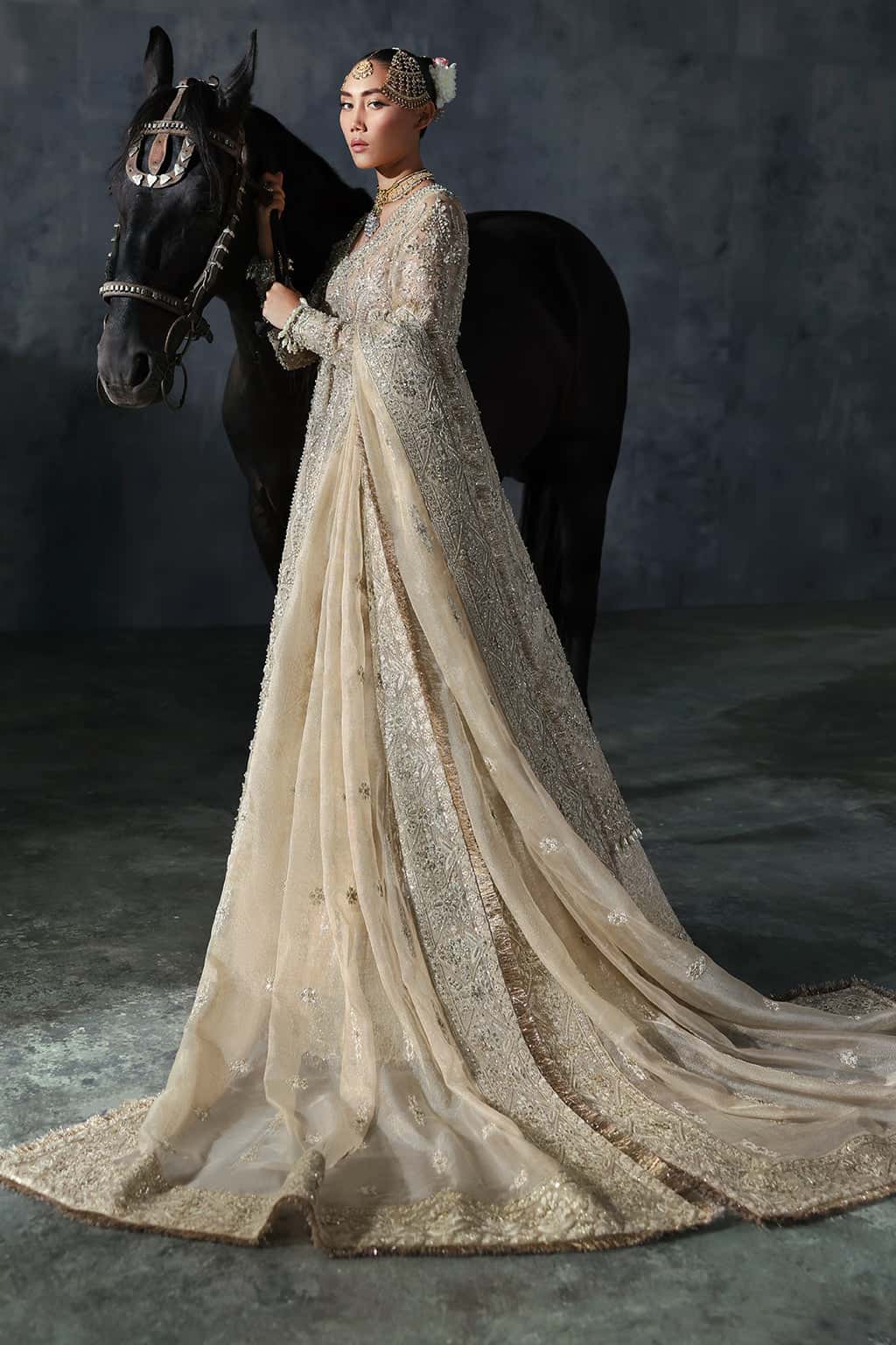 Pakistani Golden Hand-Embellished Khaddi Net Bridal Peshwas (3-Piece) - Image 6