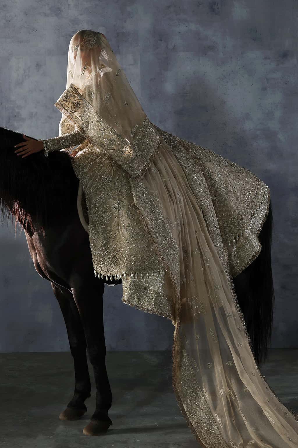 Pakistani Golden Hand-Embellished Khaddi Net Bridal Peshwas (3-Piece) - Image 7