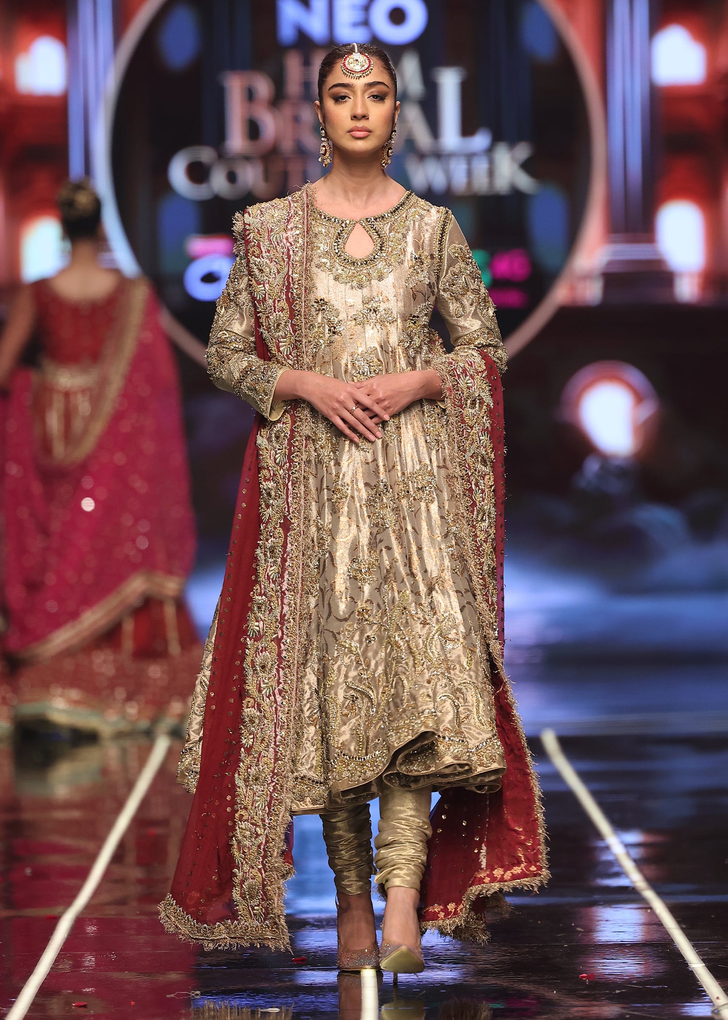 Pakistani Golden Embroidered Khamkhaab Pishwas Dress (3-Piece) - Image 1