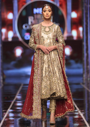Pakistani Golden Embroidered Khamkhaab Pishwas Dress (3-Piece) - Image 5