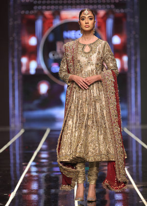 Pakistani Golden Embroidered Khamkhaab Pishwas Dress (3-Piece) - Image 6