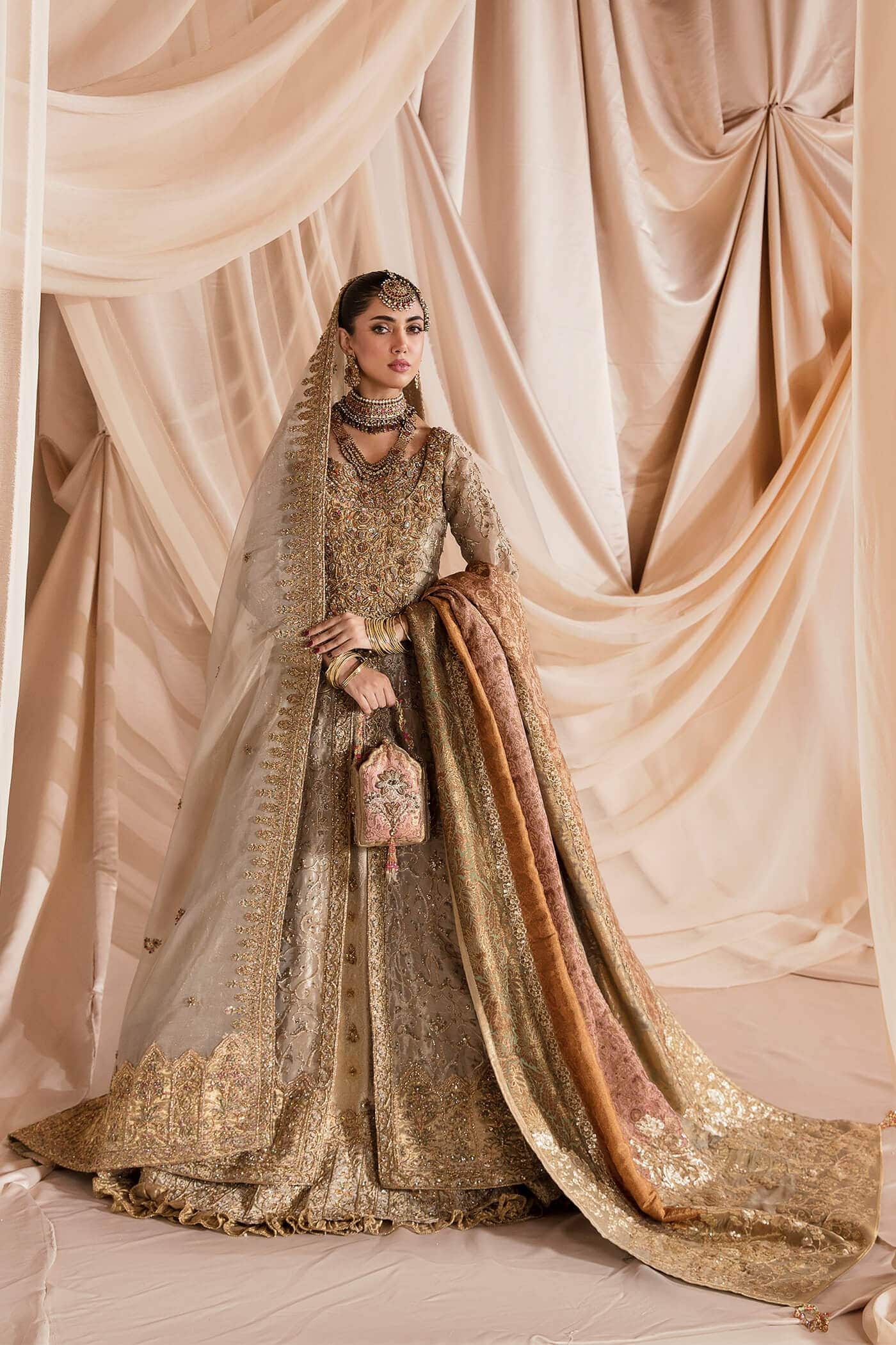 Pakistani Gold Zardozi Swarovski Tissue & Kimkhaab Pishwas (3-Piece) - Image 1