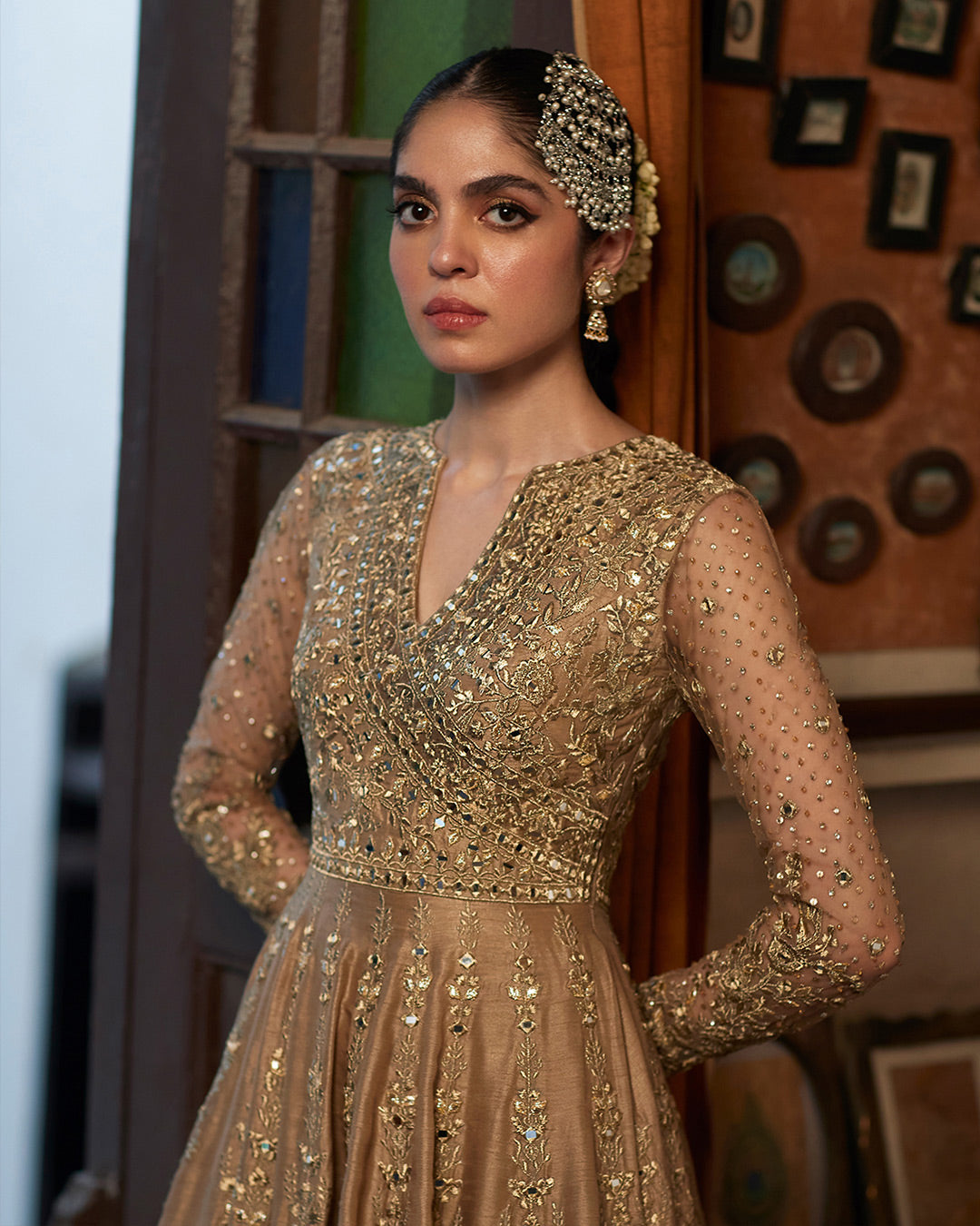 Pakistani Golden Embroidered Korean Raw Silk Pishwas (3-Piece) - Image 7