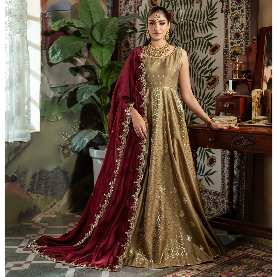 Pakistani Olive Gold Hand-Embellished Korean Zari Pishwas (2-Piece) - Image 1