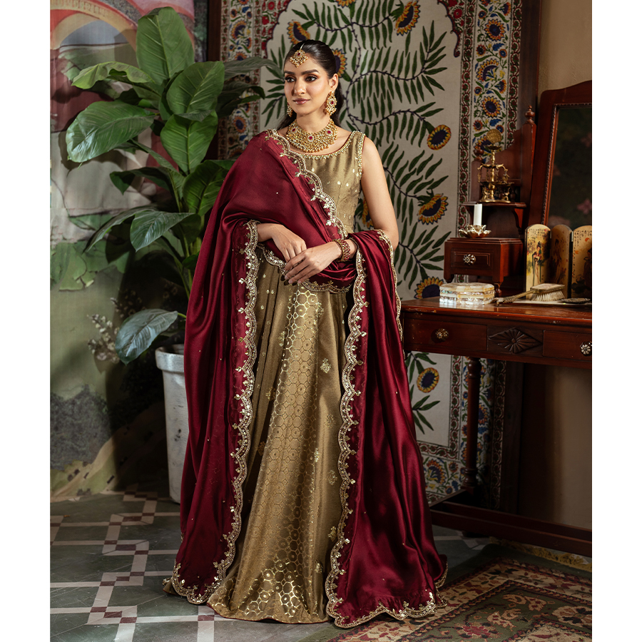 Pakistani Olive Gold Hand-Embellished Korean Zari Pishwas (2-Piece) - Image 2