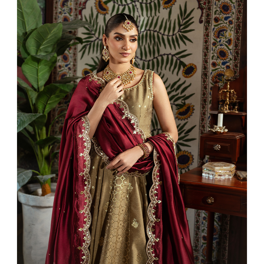 Pakistani Olive Gold Hand-Embellished Korean Zari Pishwas (2-Piece) - Image 3