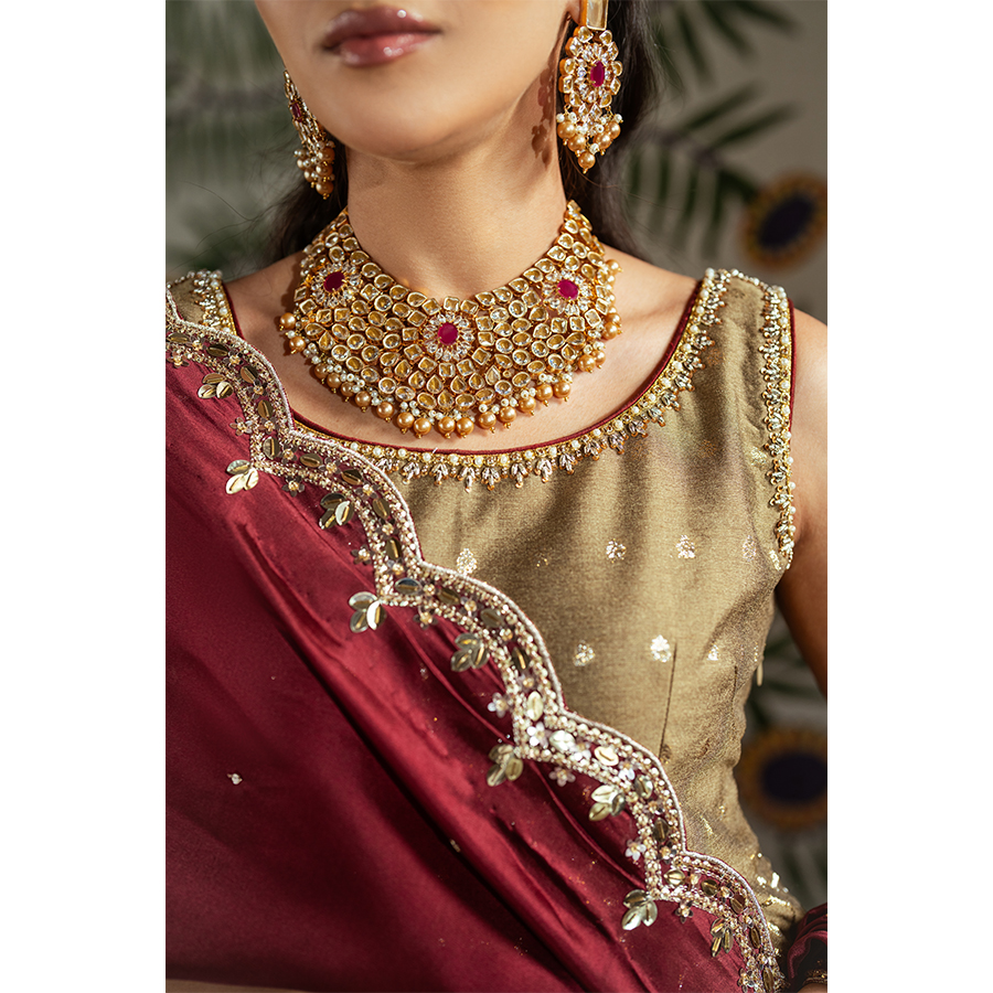 Pakistani Olive Gold Hand-Embellished Korean Zari Pishwas (2-Piece) - Image 4