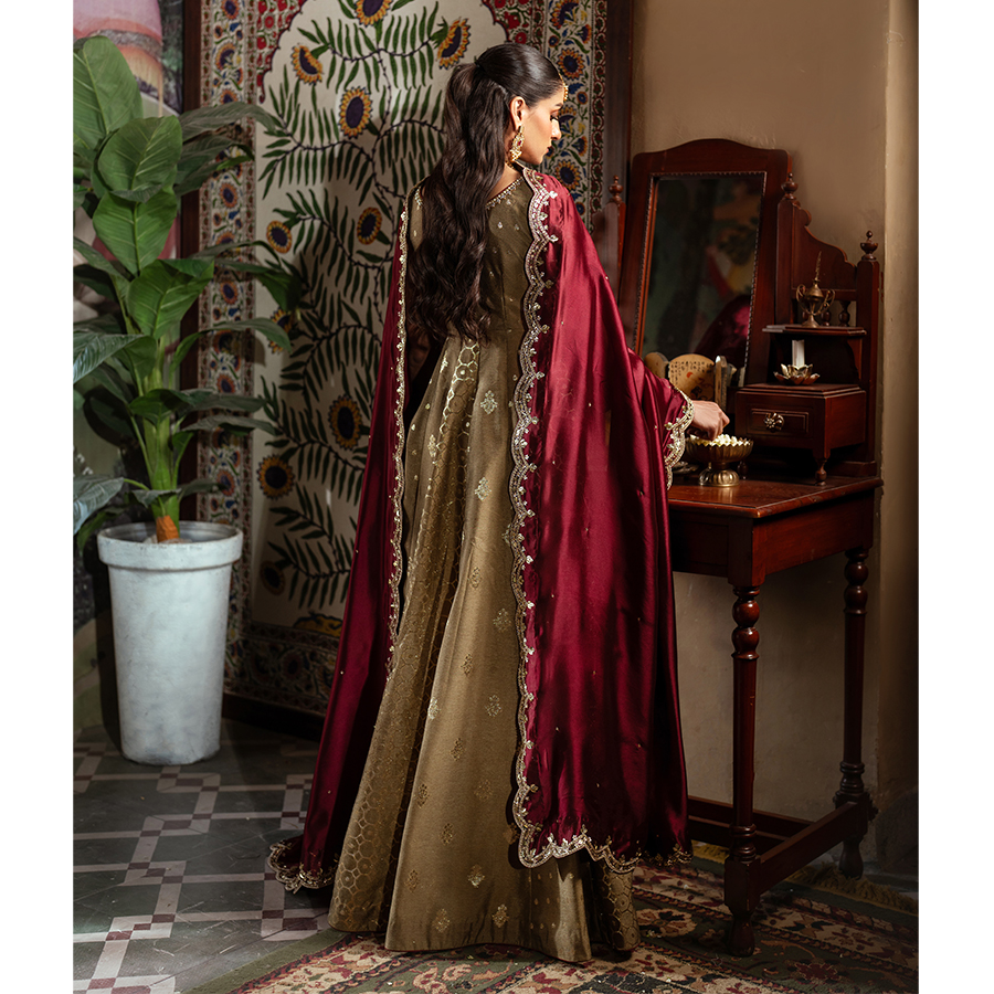 Pakistani Olive Gold Hand-Embellished Korean Zari Pishwas (2-Piece) - Image 5