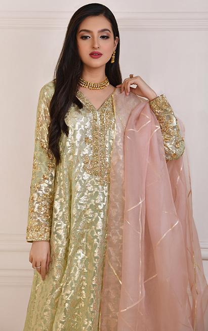 Pistachio Gold Zardozi Metallic Brocade Pishwas (3-Piece) - Image 1