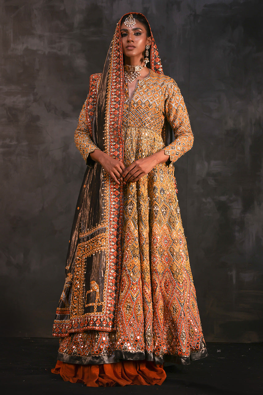 Pakistani Bronze Mirrorwork Zardozi Silk Pishwas (3-Piece) - Image 1