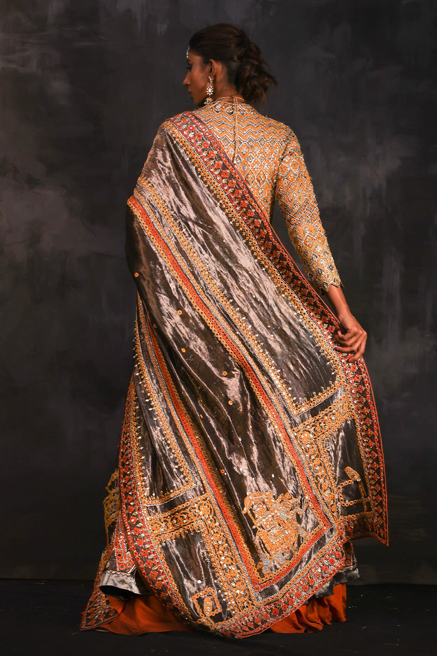 Pakistani Bronze Mirrorwork Zardozi Silk Pishwas (3-Piece) - Image 2