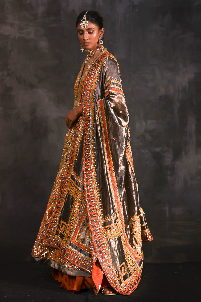 Pakistani Bronze Mirrorwork Zardozi Silk Pishwas (3-Piece) - Image 4