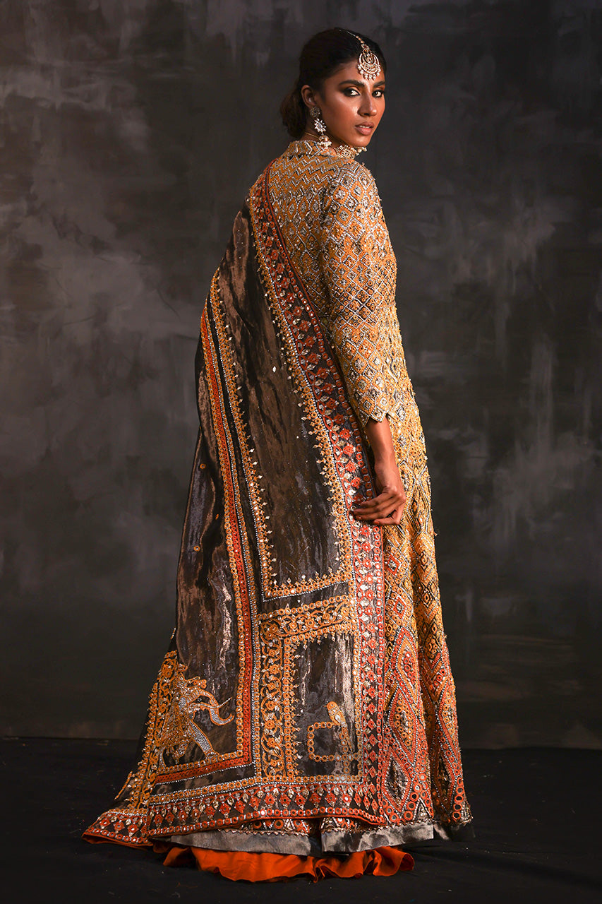 Pakistani Bronze Mirrorwork Zardozi Silk Pishwas (3-Piece) - Image 5