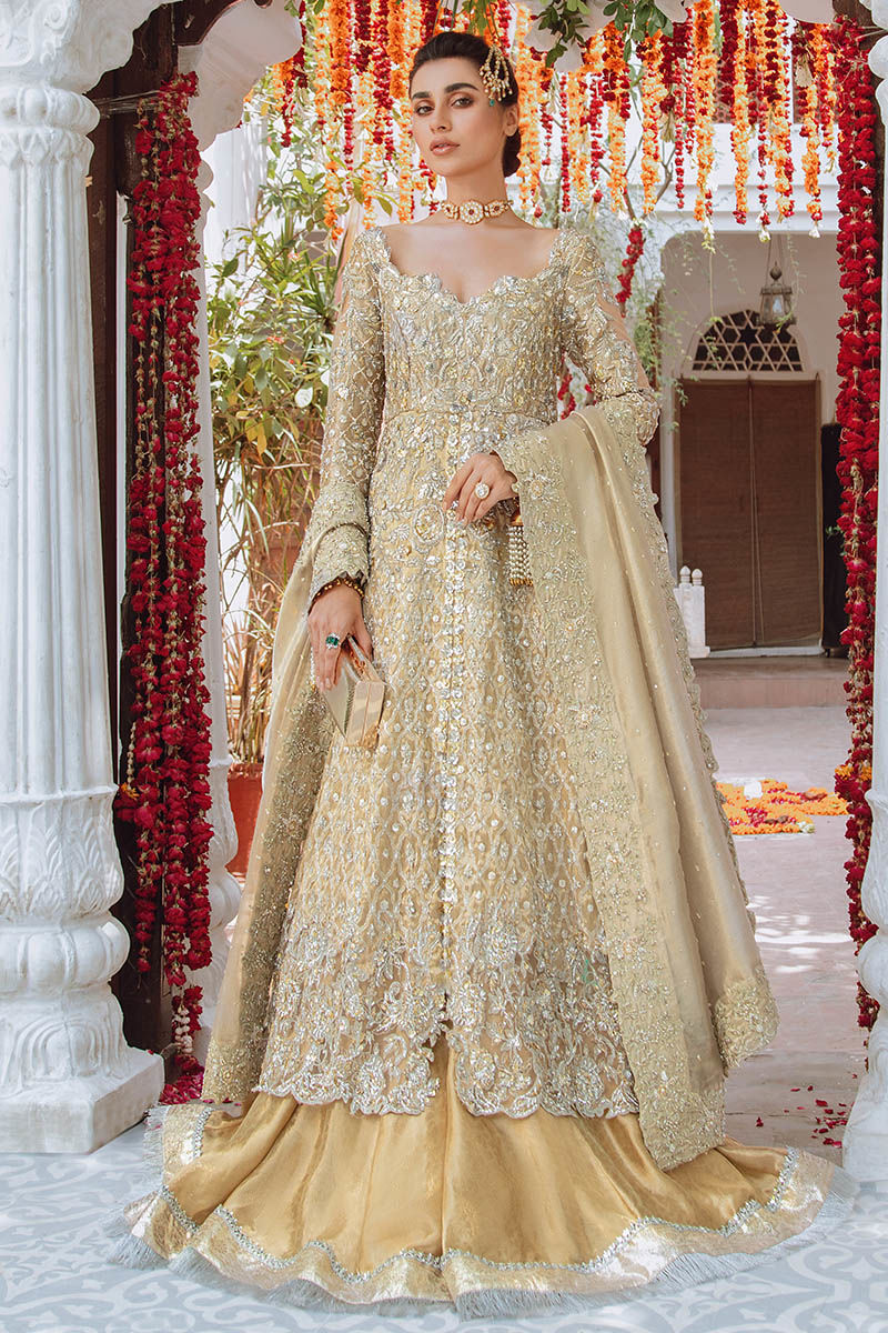 Pakistani Gold Hand-Embellished Tissue Pishwas Dress (3-Piece) - Image 1
